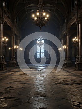 Gothic creepy room in haunted castle. AI