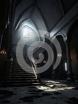 Gothic creepy room with with vintage staircase in haunted castle. AI