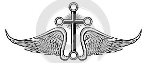 Gothic cross badge. Winged emblem black engraving