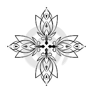 Gothic cross. Floral graphic ornament element. Lily, lotus. For tattoo, emblem, icon.
