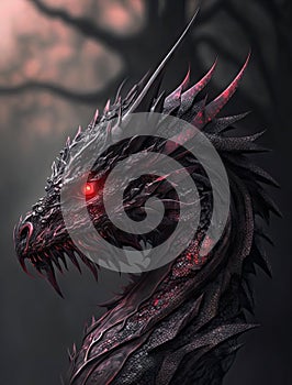 Gothic dark illustration of a black dragon with red luminous eyes.