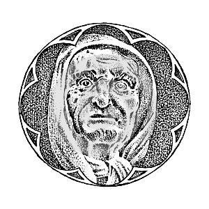Gothic element with old woman or witch or crone. historical ornament of the building. Hand drawn sketch. Engraved