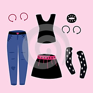 Gothic emo y2k girl cloth collection 2000s style. Y2k emo baby girl wear vector.