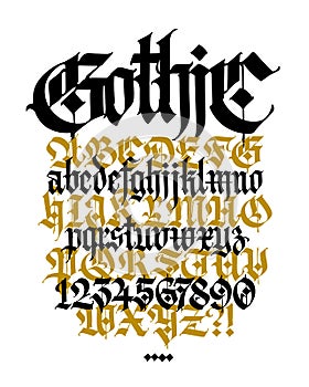 Gothic, English alphabet. Vector. Medieval Latin letters and numbers. Signs and symbols for tattoos. Ancient European style. Calli