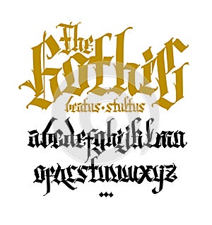 Gothic, English alphabet. Vector. Medieval latin trendy letters. Signs and symbols for tattoos. Ancient European style. Calligraph