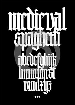 Gothic, English alphabet. Vector set. Font for tattoo, personal and commercial purposes. Elements are isolated on a black backgrou