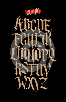 Gothic, English alphabet. Vector set. Font for tattoo, personal and commercial purposes. Elements are isolated on a black