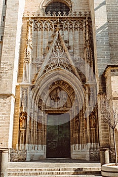 Gothic exterior of the Cathedral of Saint Mary of the See Seville Cathedral in Seville, Andalusia, Spain