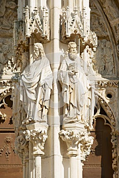 Gothic facade decoration of the medieval St. Peter Cathedral in Regensburg, Germany.