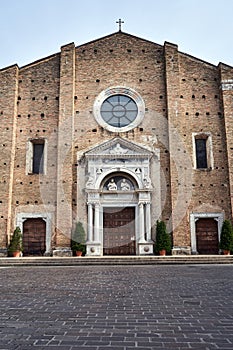 gothic facade of the Duomo di Santa Maria Annunziata cathedral in the town of Salo on Lake Garda