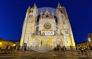 Gothic facade of Leon Cathedral in the evening