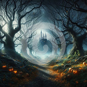A gothic fairy tale background of haunted forests and mysterio photo