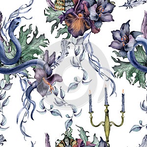 Gothic floral seamless pattern with snake isolated on white. Flower purple iris and black lily watercolor. Botanical art