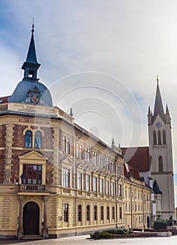 Gothic Franciscan parish church and high school in Main Square, Keszthely, Lake Balaton, Hungary, Europe