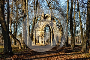 Gothic gate. The Demidovs' estate. Thais. Leningrad region. Clock tower.