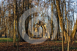 Gothic gate. The Demidovs' estate. Thais. Leningrad region. Clock tower.