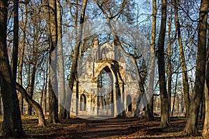 Gothic gate. The Demidovs' estate. Thais. Leningrad region. Clock tower.