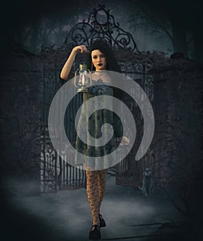 Gothic girl with lamp 3D CG