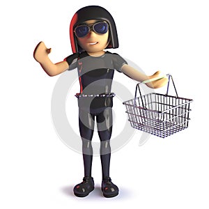 Gothic girl in latex shopping with her basket, 3d illustration