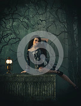 Gothic girl on sarcophagus 3D CG photo