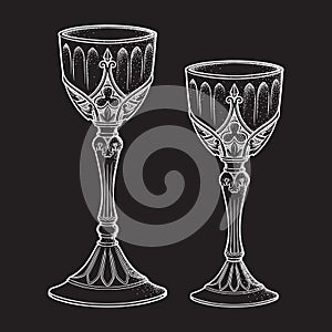 Gothic goblets or Holy grail set hand drawn line art and dot work vector illustration