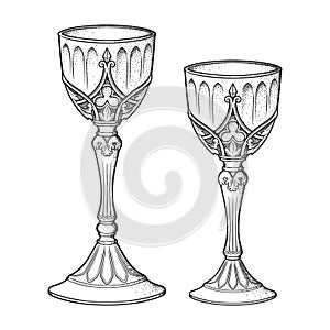 Gothic goblets or Holy grail set hand drawn line art and dot work vector illustration