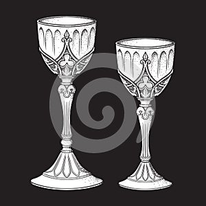 Gothic goblets or Holy grail set hand drawn line art and dot work vector illustration