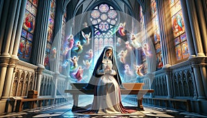 Gothic Grace: A Nun\'s Spiritual Prayerful Journey in Stained Glass Light.