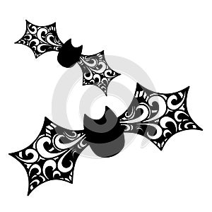Gothic halloween bat doodle drawing with abstract swirls and ornaments isolated