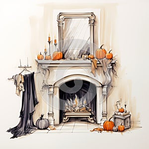 Gothic Halloween Interior Design Sketch With Pumpkins And Candles