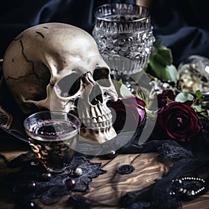 gothic halloween still life with skull and wine glass