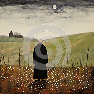 Gothic Illustration: A Pensive Monk Walking In A Field