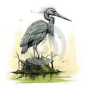 Gothic Illustration Of A Post-apocalyptic Heron On An Island