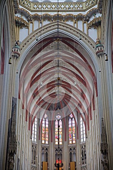 The Gothic interior of St Janskathedraal St John`s Cathedral, with the decorated vaulted ceiling