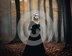 A Gothic lady in a mask in a gloomy forest. Mystical