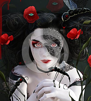 Gothic lady with surreal poppies and scary butterflies