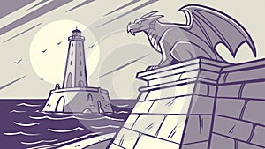 Gothic Lighthouse with Gargoyle and Sailing Ships, vector design Generative AI