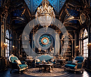 Gothic living room or library interior decorated in posh neoclassicism style