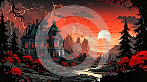 Gothic mansion sits beside winding river under blood-red sky