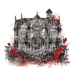 Gothic mantion watercolor illustration