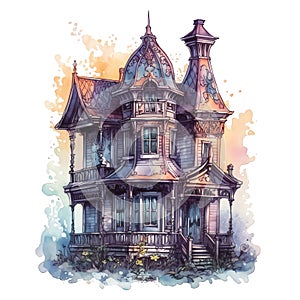 Gothic mantion watercolor illustration
