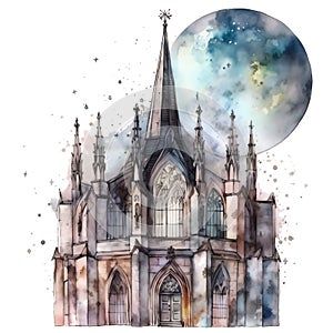 Gothic mantion watercolor illustration