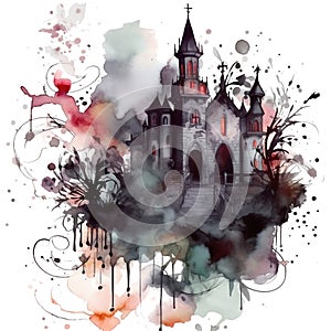 Gothic mantion watercolor illustration