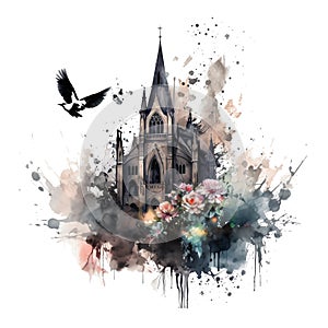 Gothic mantion watercolor illustration
