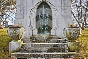 Gothic Mausoleum Door with Art Nouveau Metalwork at Lindenwood Cemetery