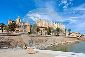 Gothic medieval cathedral La Seu and Royal Palace of La Almudaina. Palma de Mallorca. Balearic Islands Spain