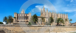 Gothic medieval cathedral La Seu and Royal Palace of La Almudaina. Palma de Mallorca. Balearic Islands Spain