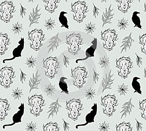 Gothic pattern design with animal skull, cats and leaves seamless vector