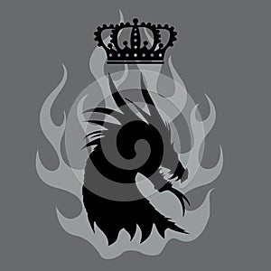 Gothic poster of the black dragon on the backdrop of fire for the series House of the Dragon - prequel Game of Thrones.