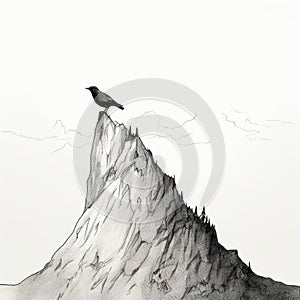 Gothic Realism Ink Wash Painting: Birds On Mountain